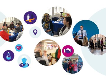 A white graphic with 8 circles showing a range of images to showcase healthcare and strategy
